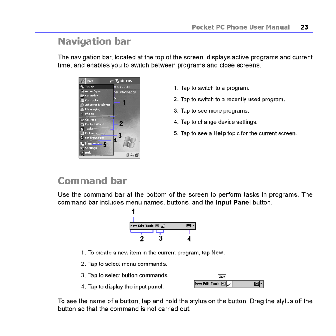 i-mate PM10A manual Navigation bar, Command bar 