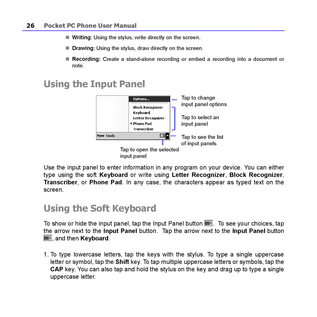 i-mate PM10A manual Using the Input Panel, Using the Soft Keyboard 