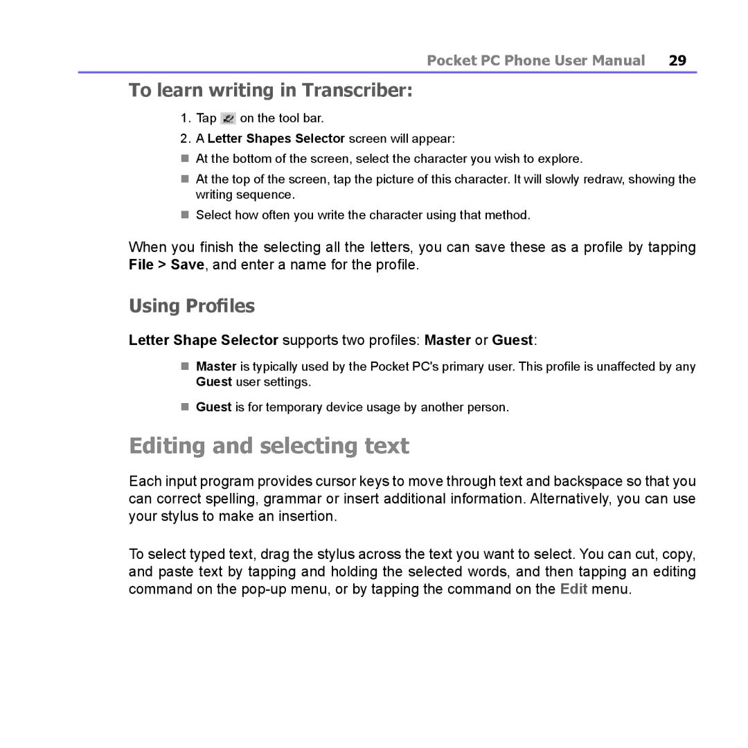 i-mate PM10A manual Editing and selecting text, To learn writing in Transcriber, Using Profiles 