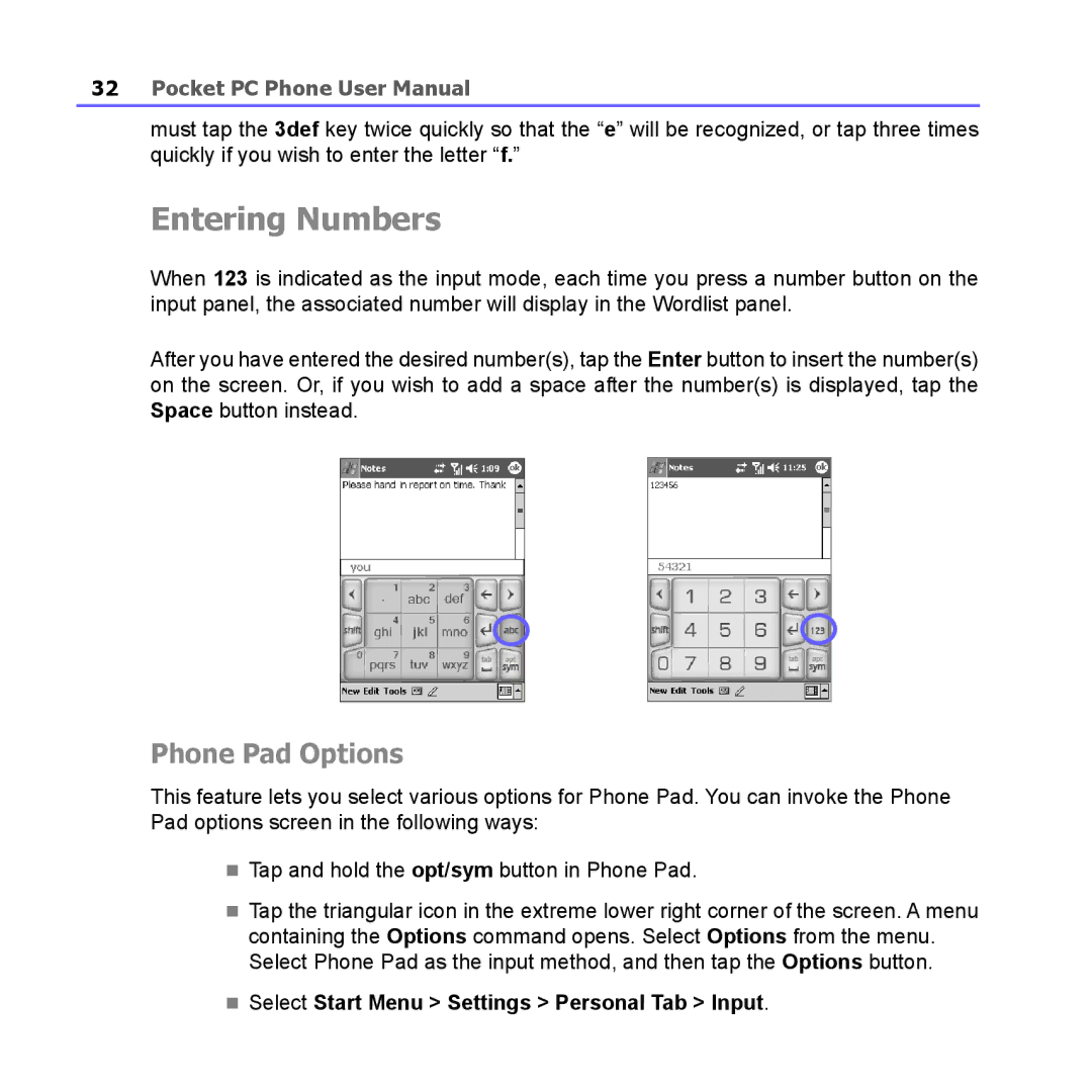 i-mate PM10A manual Entering Numbers, Phone Pad Options, Select Start Menu Settings Personal Tab Input 