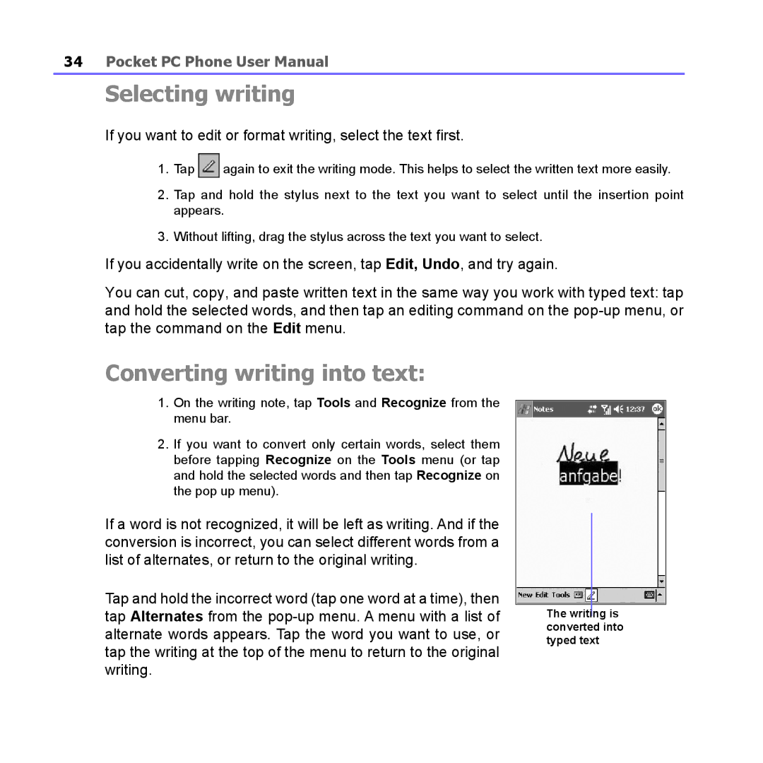 i-mate PM10A manual Selecting writing, Converting writing into text 