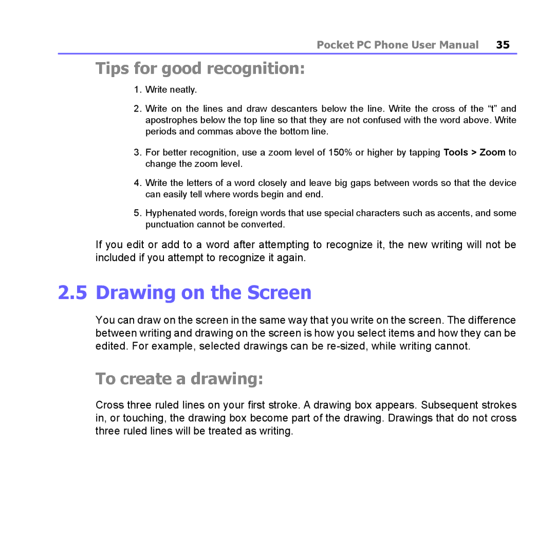 i-mate PM10A manual Drawing on the Screen, Tips for good recognition, To create a drawing 