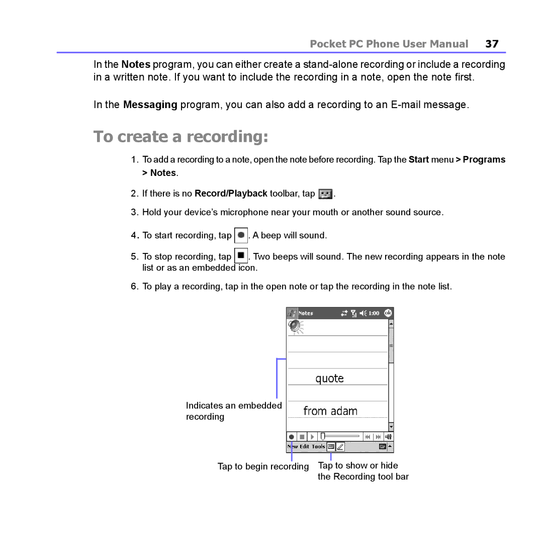 i-mate PM10A manual To create a recording 