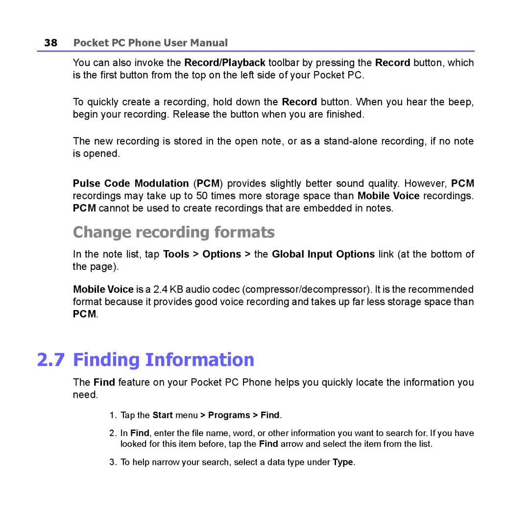 i-mate PM10A manual Finding Information, Change recording formats, Tap the Start menu Programs Find 