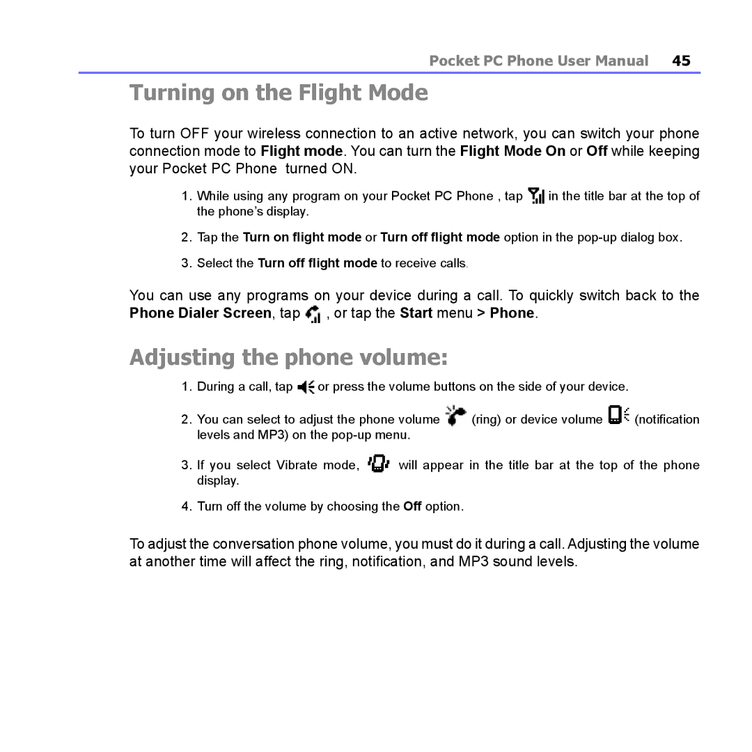 i-mate PM10A manual Turning on the Flight Mode, Adjusting the phone volume 