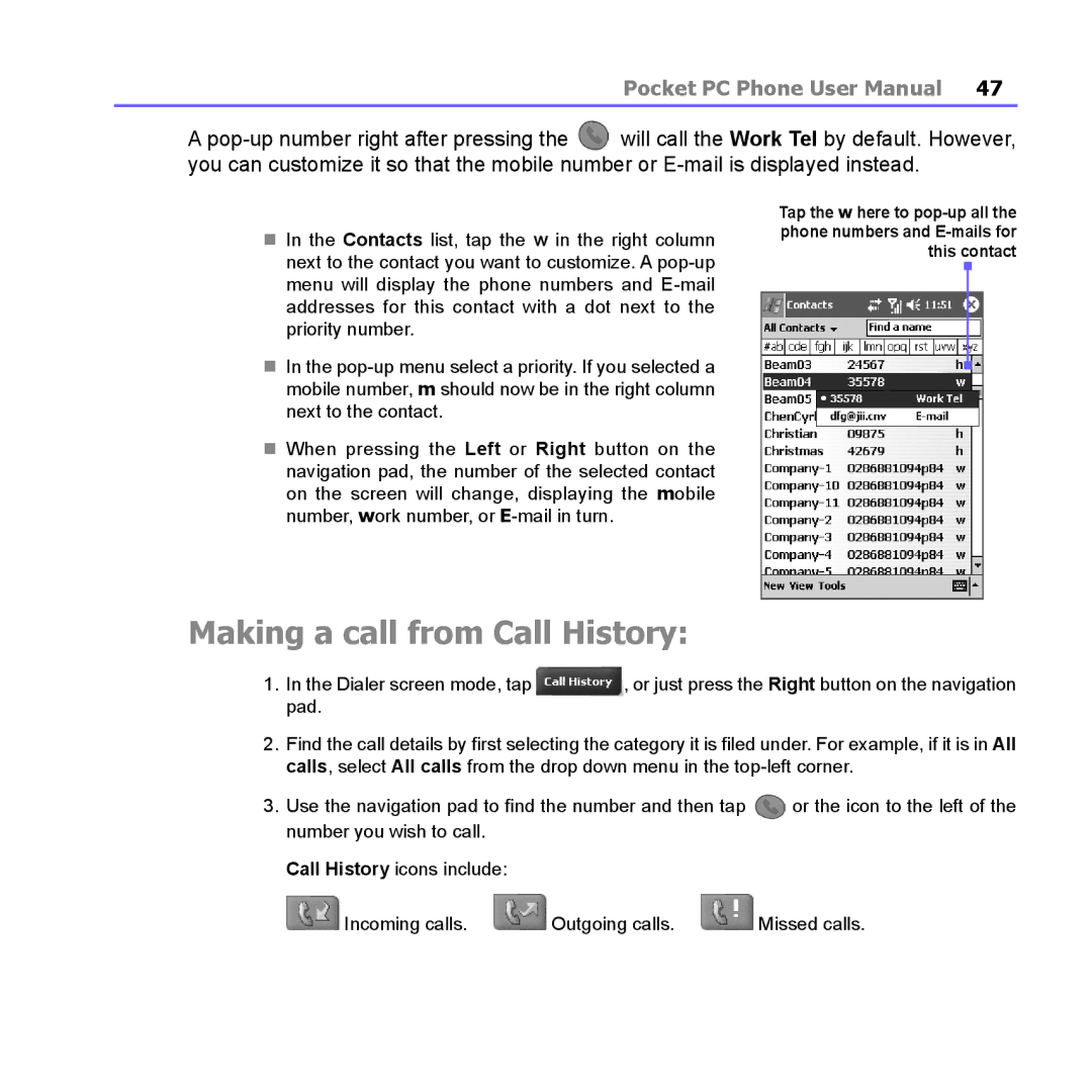 i-mate PM10A manual Making a call from Call History 