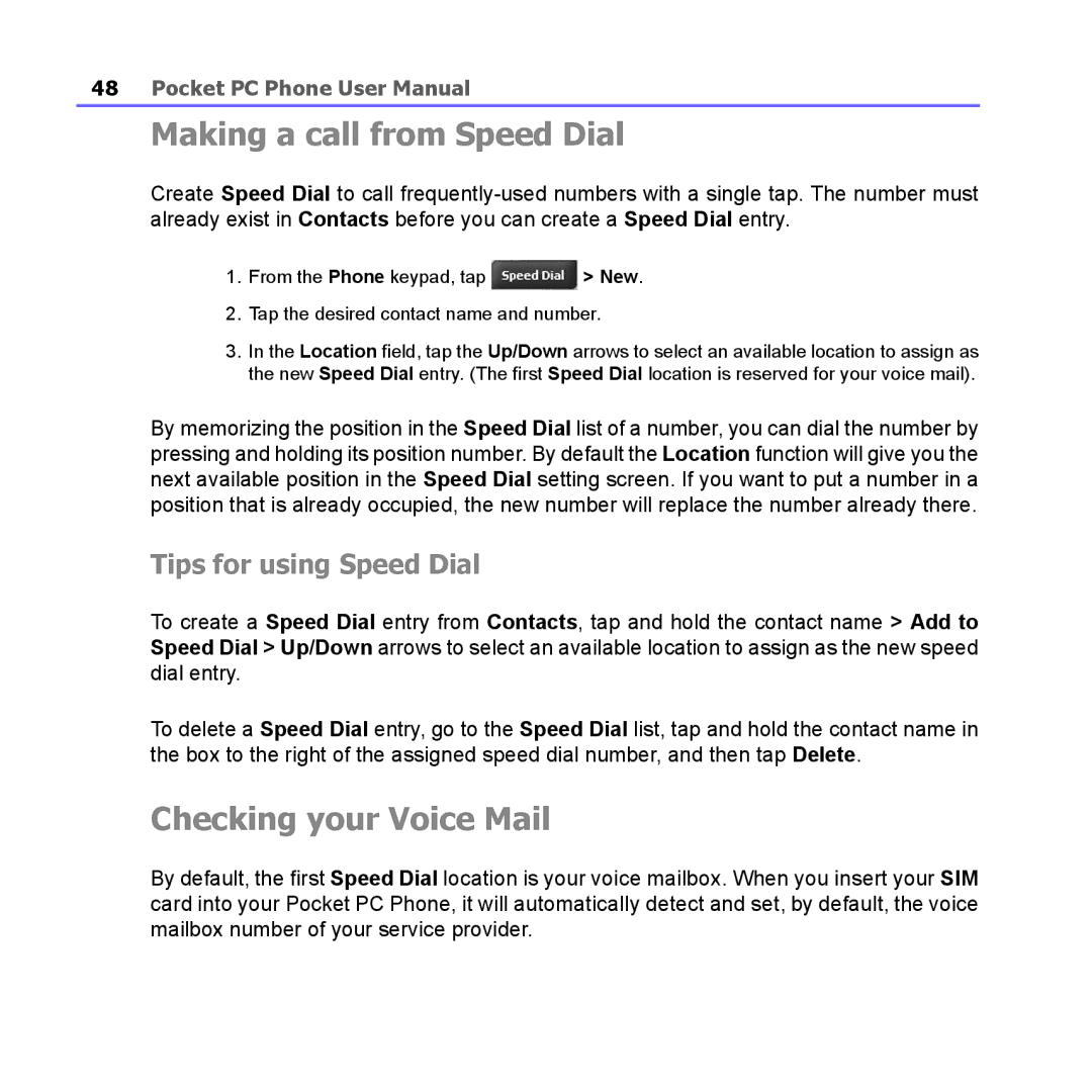 i-mate PM10A manual Making a call from Speed Dial, Checking your Voice Mail, Tips for using Speed Dial 