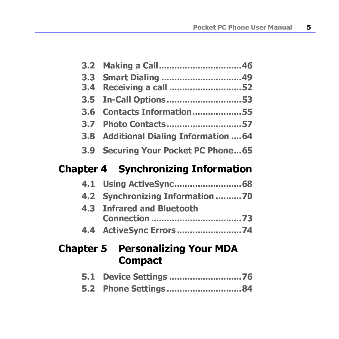 i-mate PM10A manual Synchronizing Information, Device Settings Phone Settings 