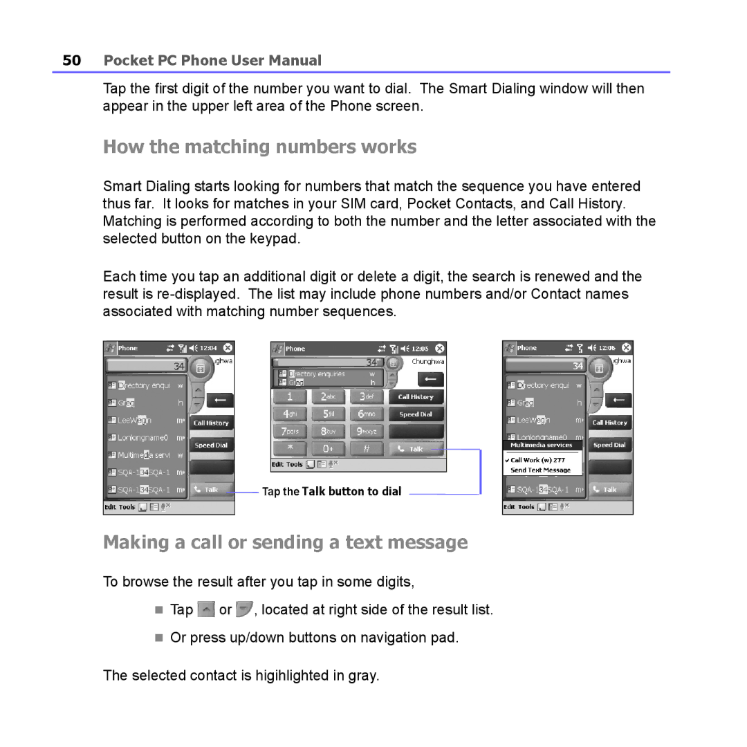 i-mate PM10A manual How the matching numbers works, Making a call or sending a text message 