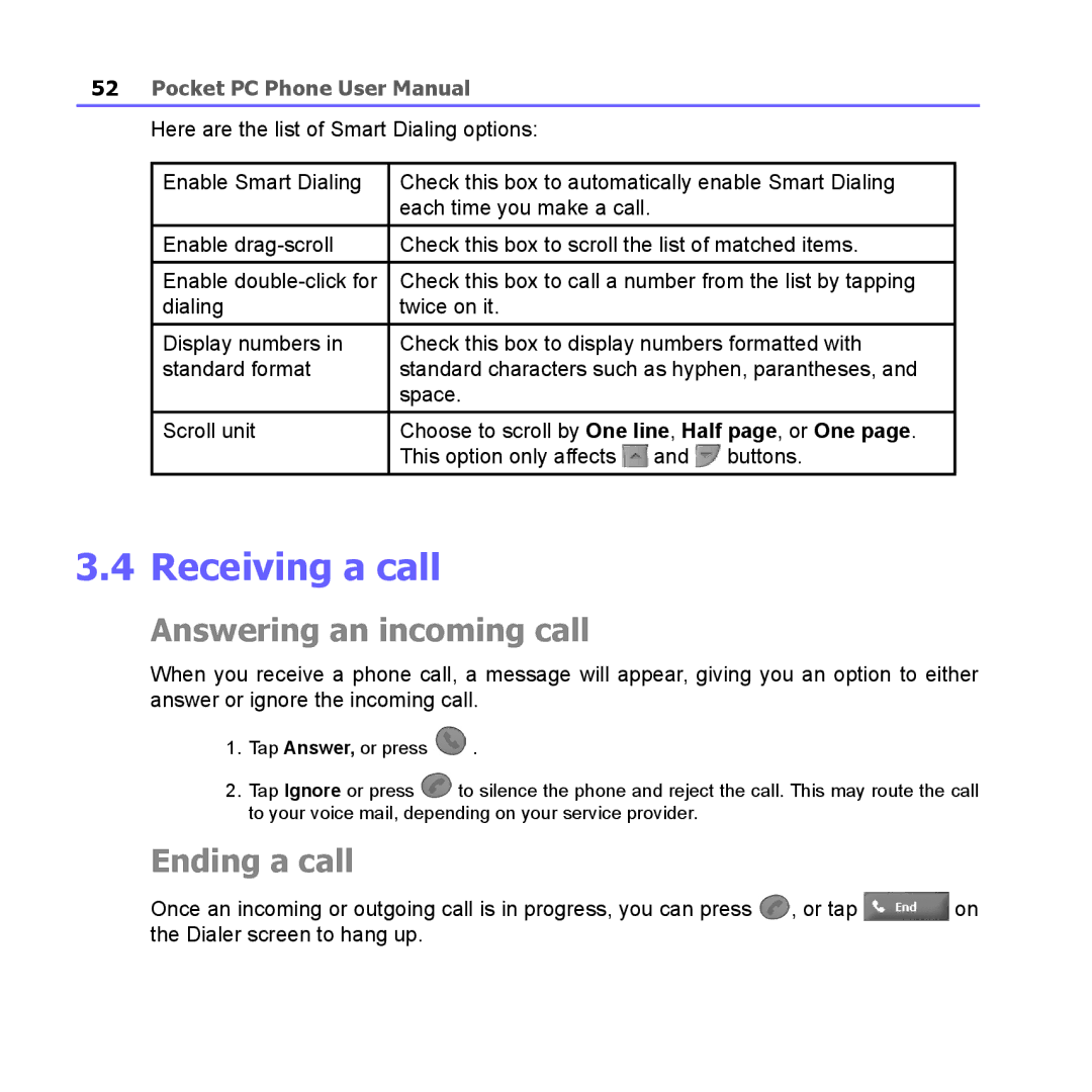 i-mate PM10A manual Receiving a call, Answering an incoming call, Ending a call 