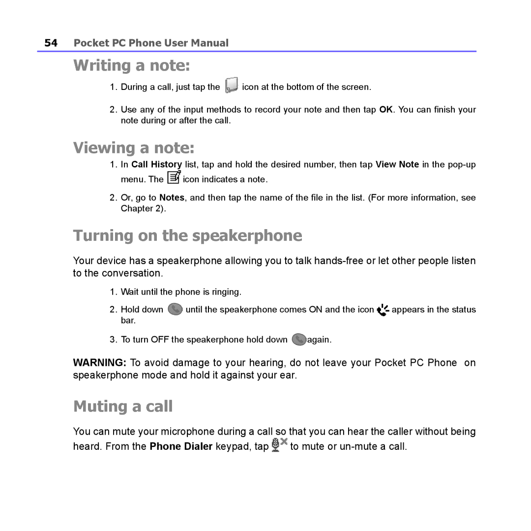 i-mate PM10A manual Writing a note, Viewing a note, Turning on the speakerphone, Muting a call 