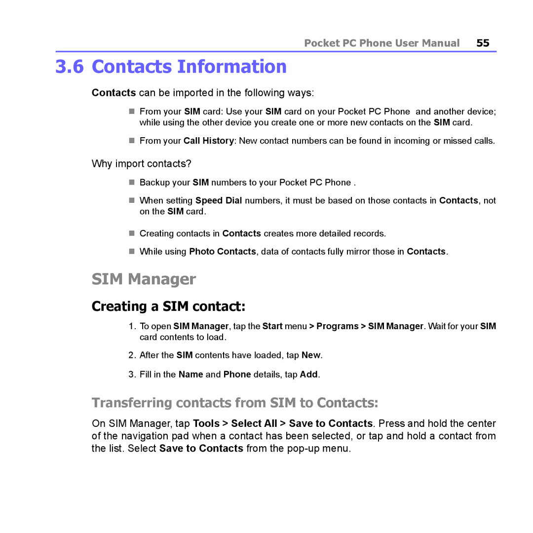 i-mate PM10A manual Contacts Information, SIM Manager, Transferring contacts from SIM to Contacts 