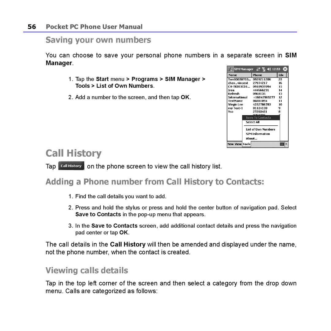 i-mate PM10A manual Call History, Saving your own numbers, Viewing calls details 