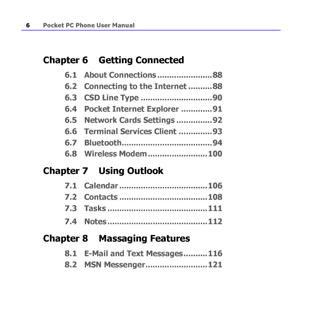 i-mate PM10A manual Calendar 106 Contacts 108 Tasks 111 112, Mail and Text Messages 116 MSN Messenger 121 