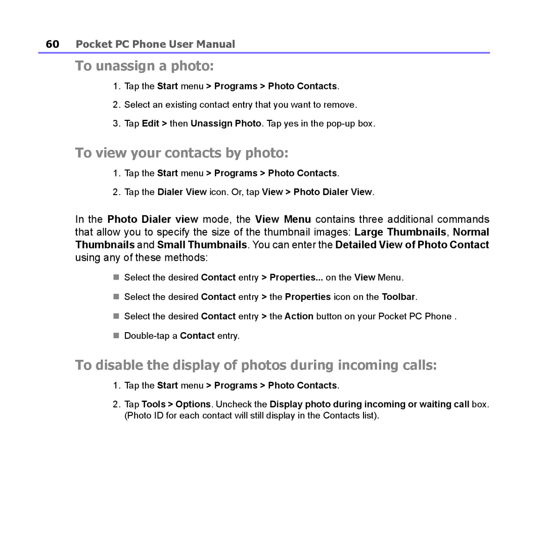 i-mate PM10A To unassign a photo, To view your contacts by photo, To disable the display of photos during incoming calls 