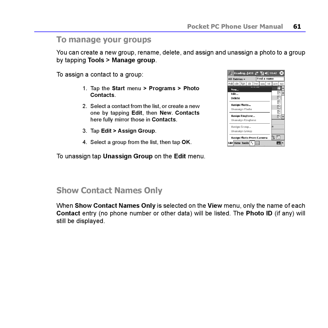 i-mate PM10A manual To manage your groups, Show Contact Names Only, Tap Edit Assign Group 