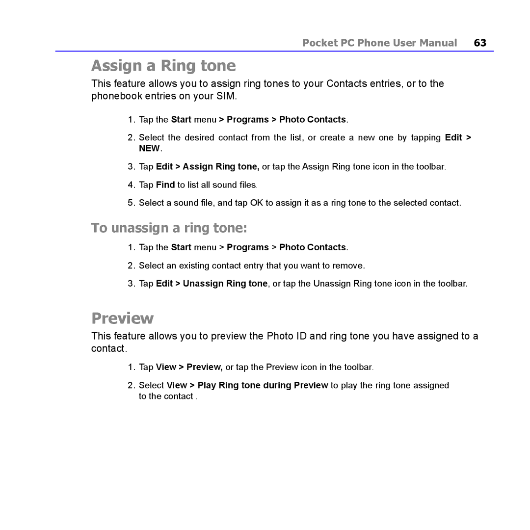 i-mate PM10A manual Assign a Ring tone, Preview, To unassign a ring tone 