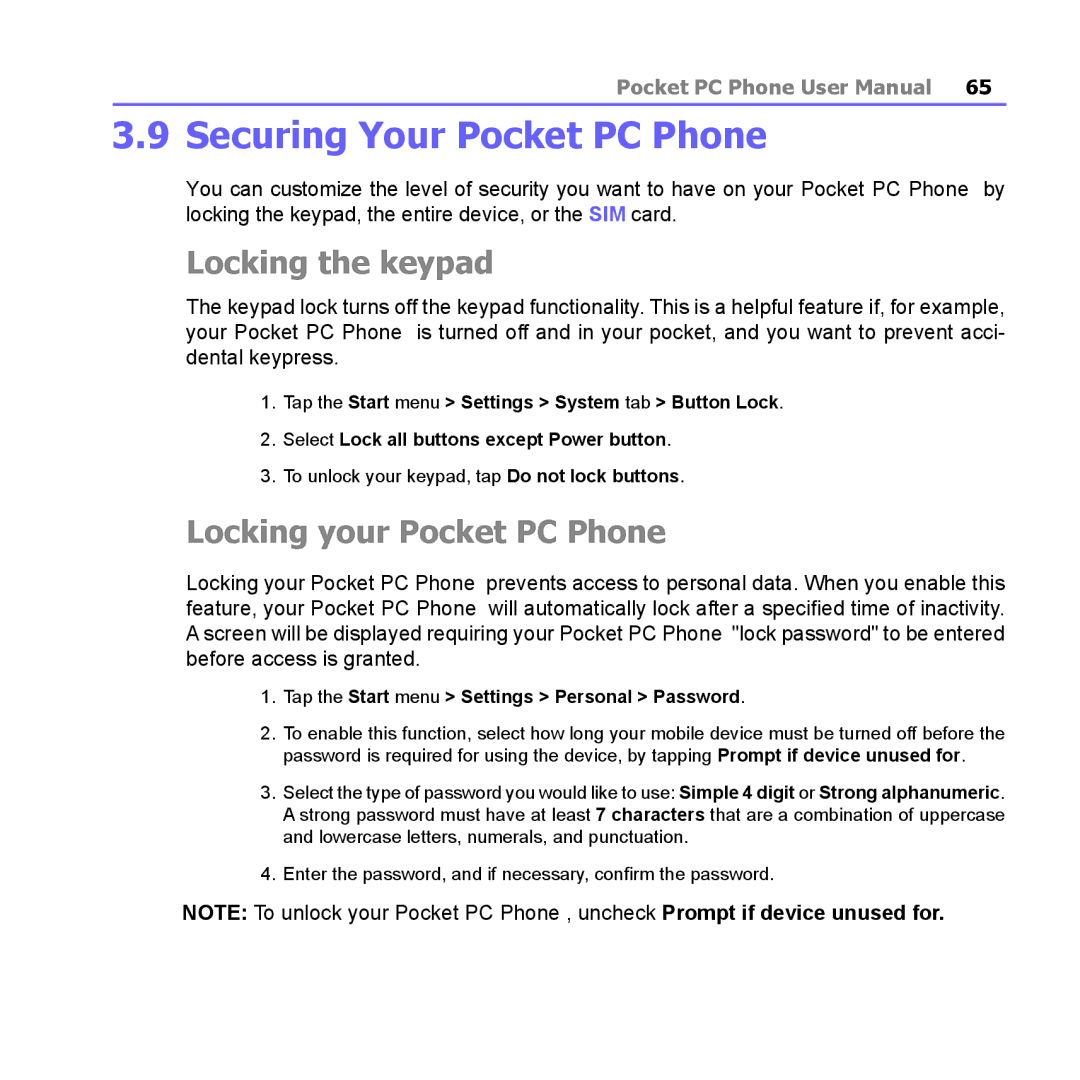 i-mate PM10A manual Securing Your Pocket PC Phone, Locking the keypad, Locking your Pocket PC Phone 