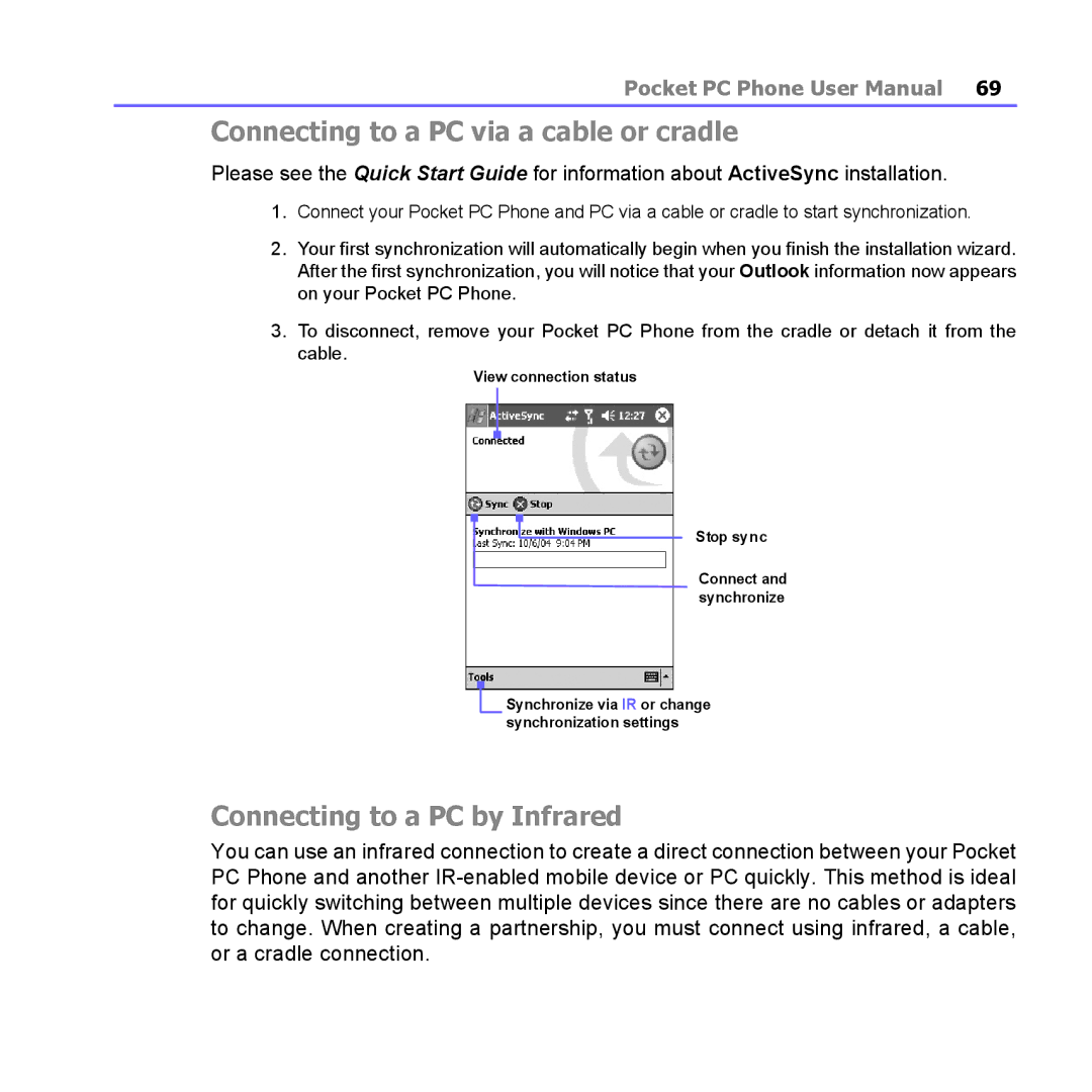 i-mate PM10A manual Connecting to a PC via a cable or cradle, Connecting to a PC by Infrared 