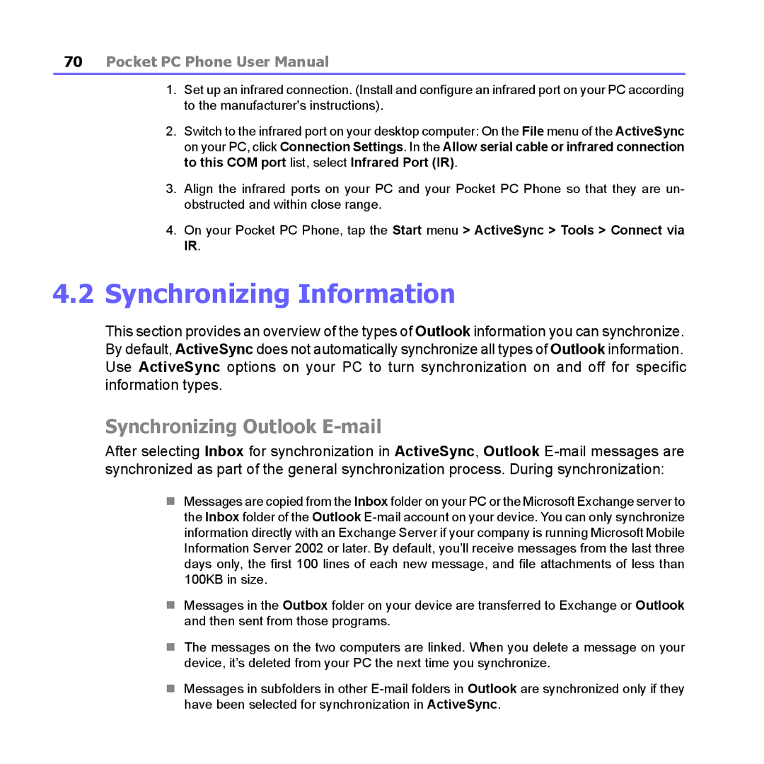 i-mate PM10A manual Synchronizing Information, Synchronizing Outlook E-mail 