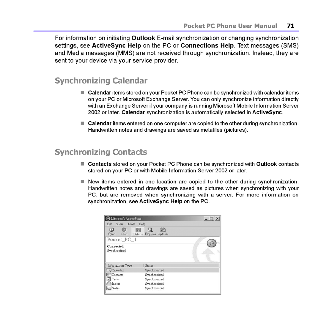 i-mate PM10A manual Synchronizing Calendar, Synchronizing Contacts 