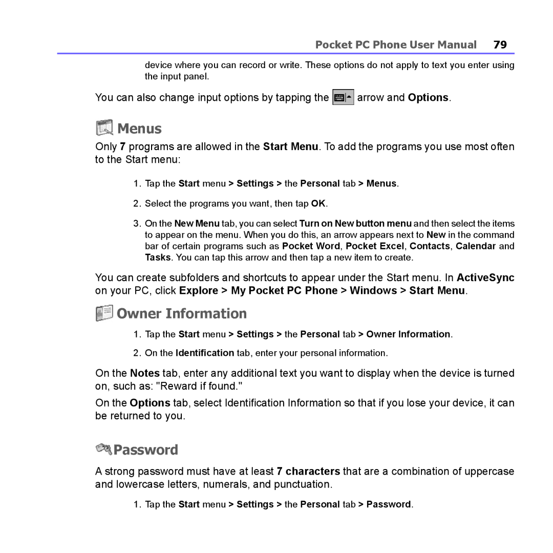 i-mate PM10A manual Owner Information, Password, Tap the Start menu Settings the Personal tab Menus 