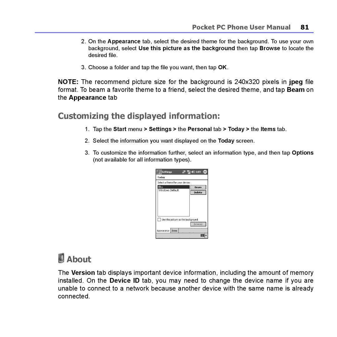 i-mate PM10A manual Customizing the displayed information, About 