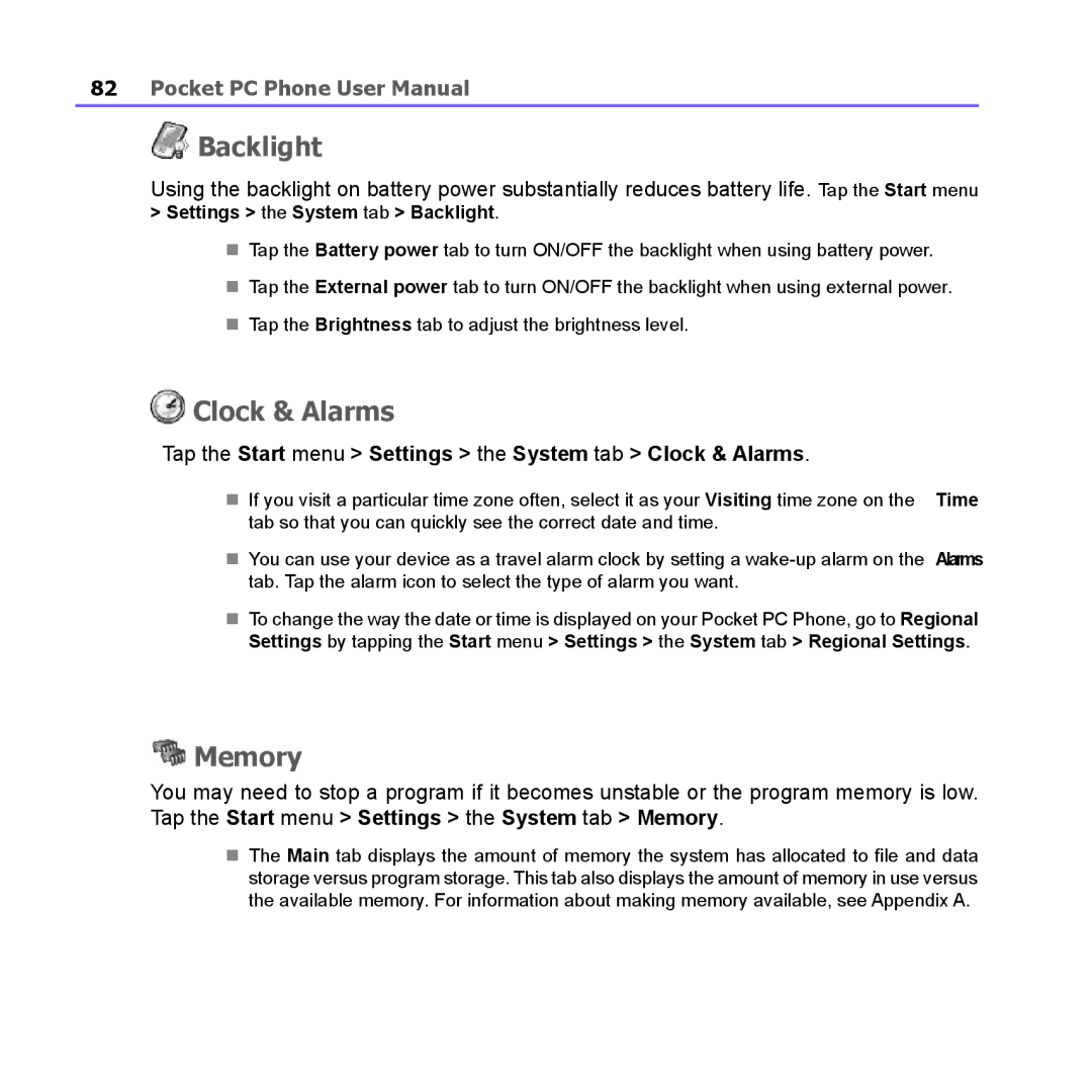 i-mate PM10A manual Backlight, Memory, Tap the Start menu Settings the System tab Clock & Alarms 