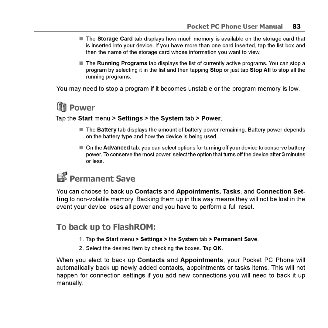 i-mate PM10A manual Permanent Save, To back up to FlashROM, Tap the Start menu Settings the System tab Power 