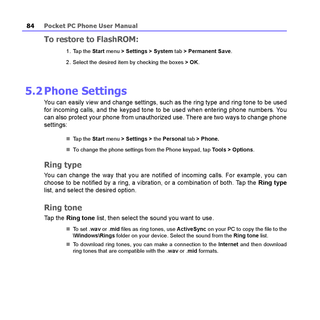 i-mate PM10A manual 2Phone Settings, To restore to FlashROM, Ring type, Ring tone 