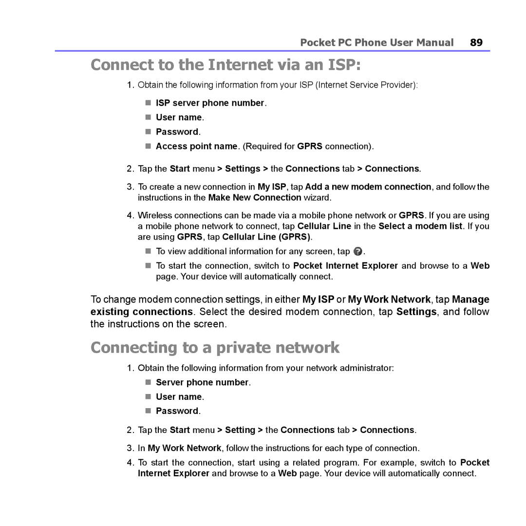 i-mate PM10A manual Connect to the Internet via an ISP, Connecting to a private network 