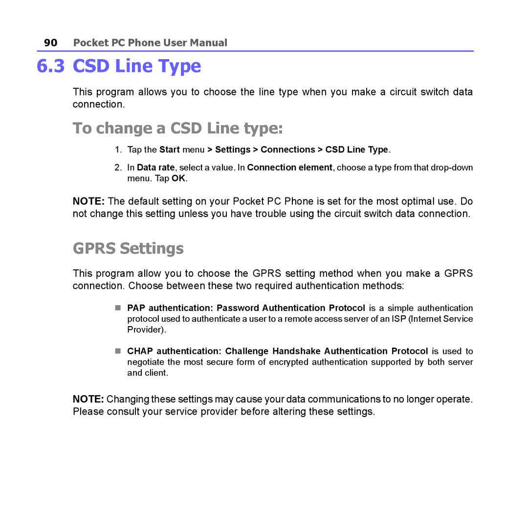 i-mate PM10A manual CSD Line Type, To change a CSD Line type, Gprs Settings 