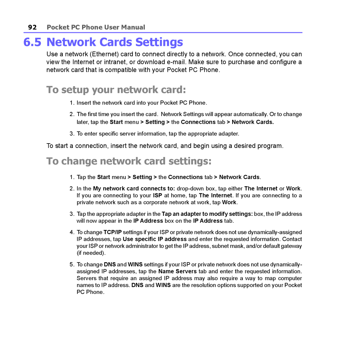 i-mate PM10A manual Network Cards Settings, To setup your network card, To change network card settings 