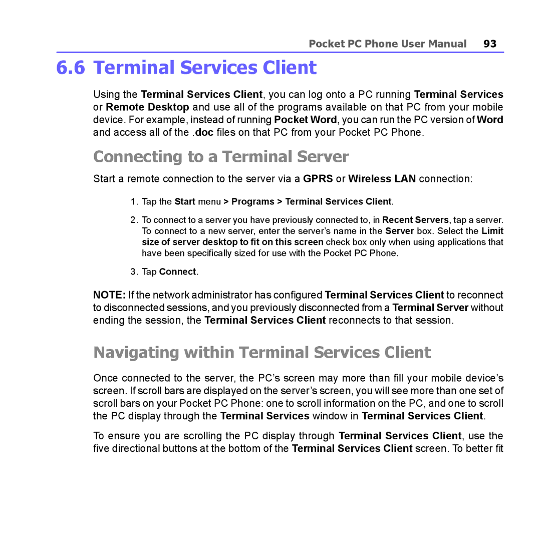 i-mate PM10A manual Connecting to a Terminal Server, Navigating within Terminal Services Client 