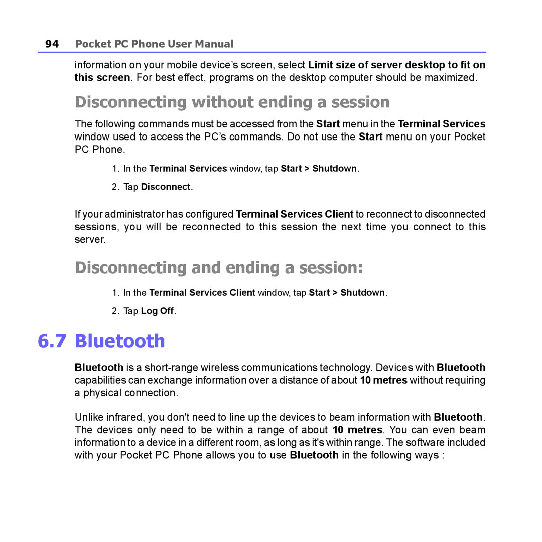 i-mate PM10A manual Bluetooth, Disconnecting without ending a session, Disconnecting and ending a session 