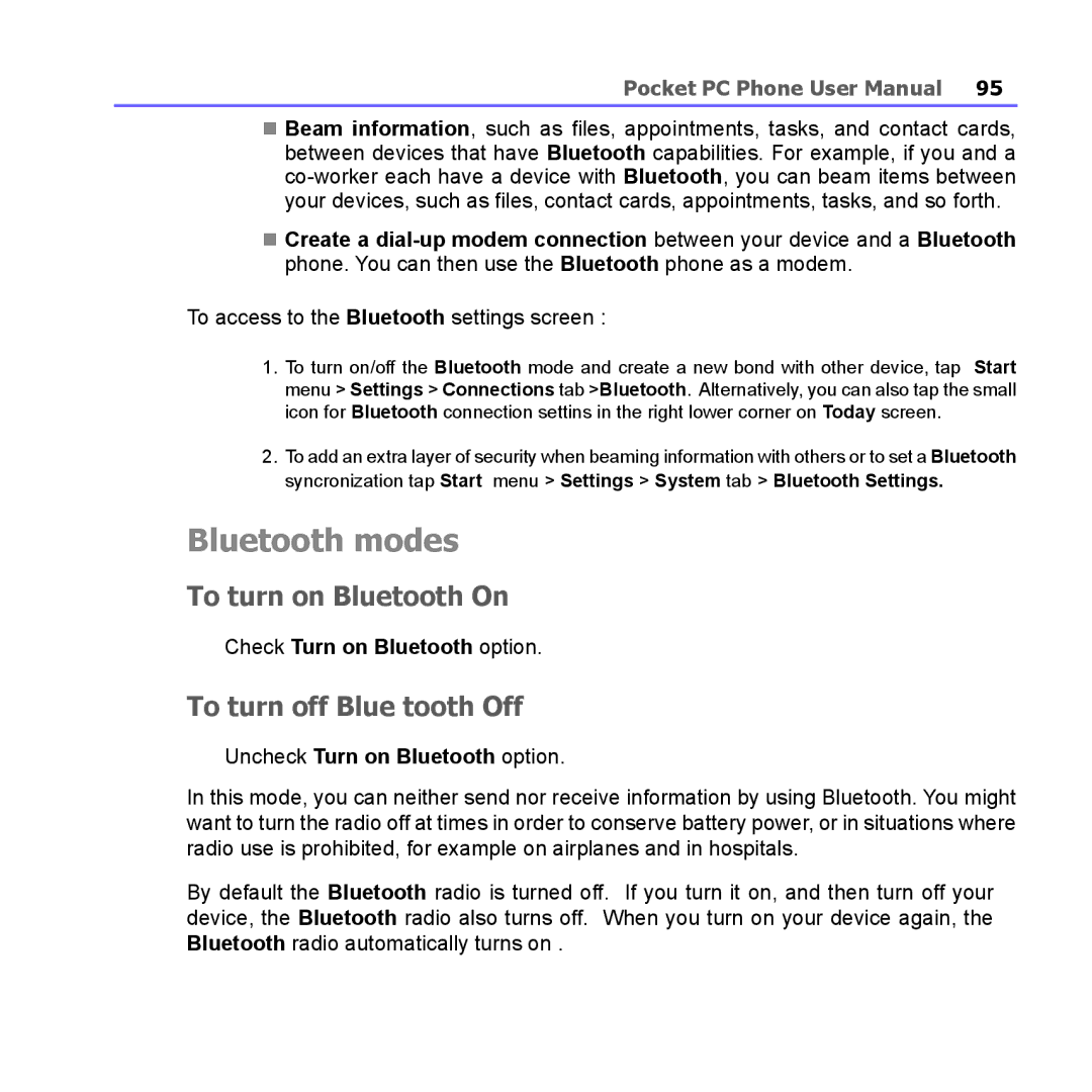 i-mate PM10A manual Bluetooth modes, To turn on Bluetooth On, To turn off Blue tooth Off, Check Turn on Bluetooth option 