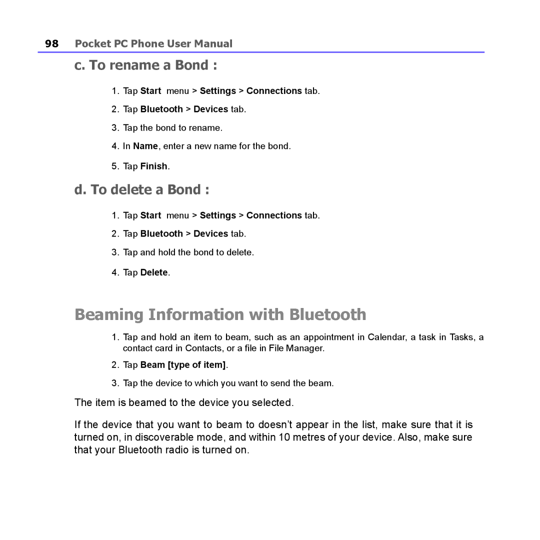 i-mate PM10A Beaming Information with Bluetooth, To rename a Bond, To delete a Bond, Tap Delete, Tap Beam type of item 