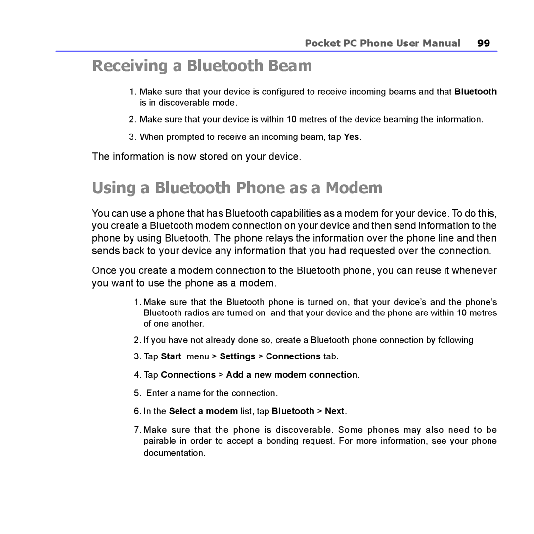 i-mate PM10A manual Receiving a Bluetooth Beam, Using a Bluetooth Phone as a Modem, Select a modem list, tap Bluetooth Next 