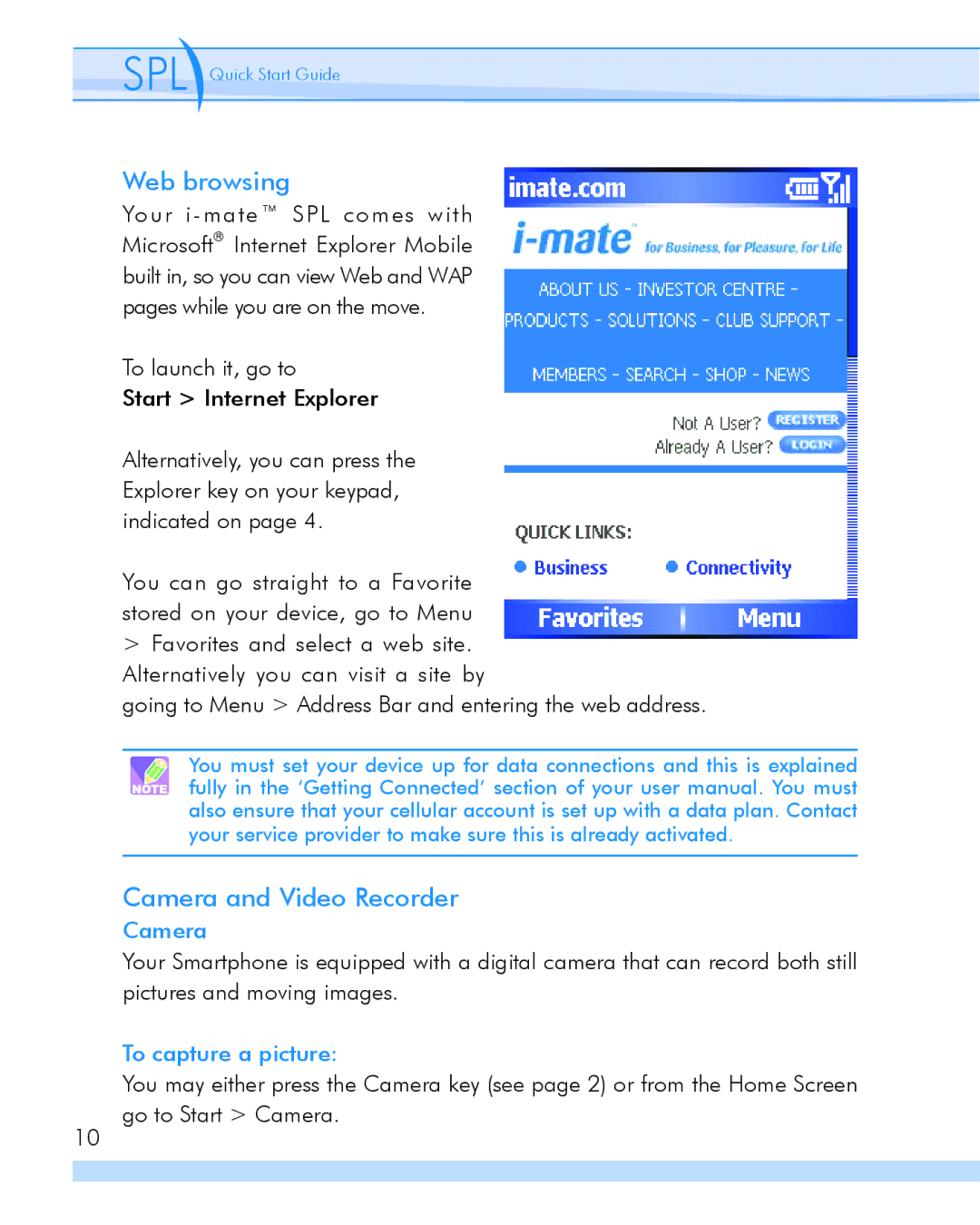 i-mate SPL manual Web browsing, Camera and Video Recorder, To capture a picture 