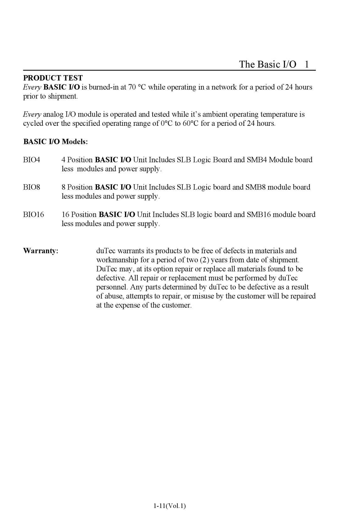 I-O Display Systems Basic I/O Product manual Product Test, Basic I/O Models 