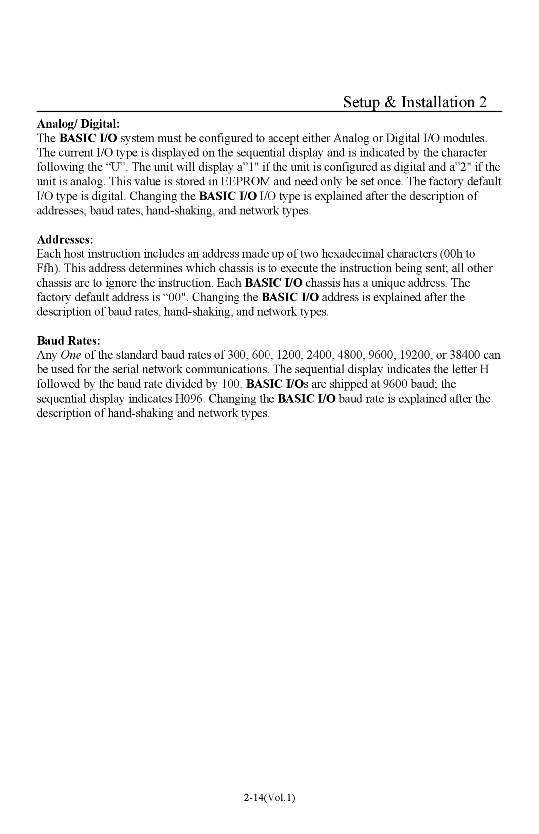 I-O Display Systems Basic I/O Product manual Analog/ Digital, Addresses, Baud Rates 