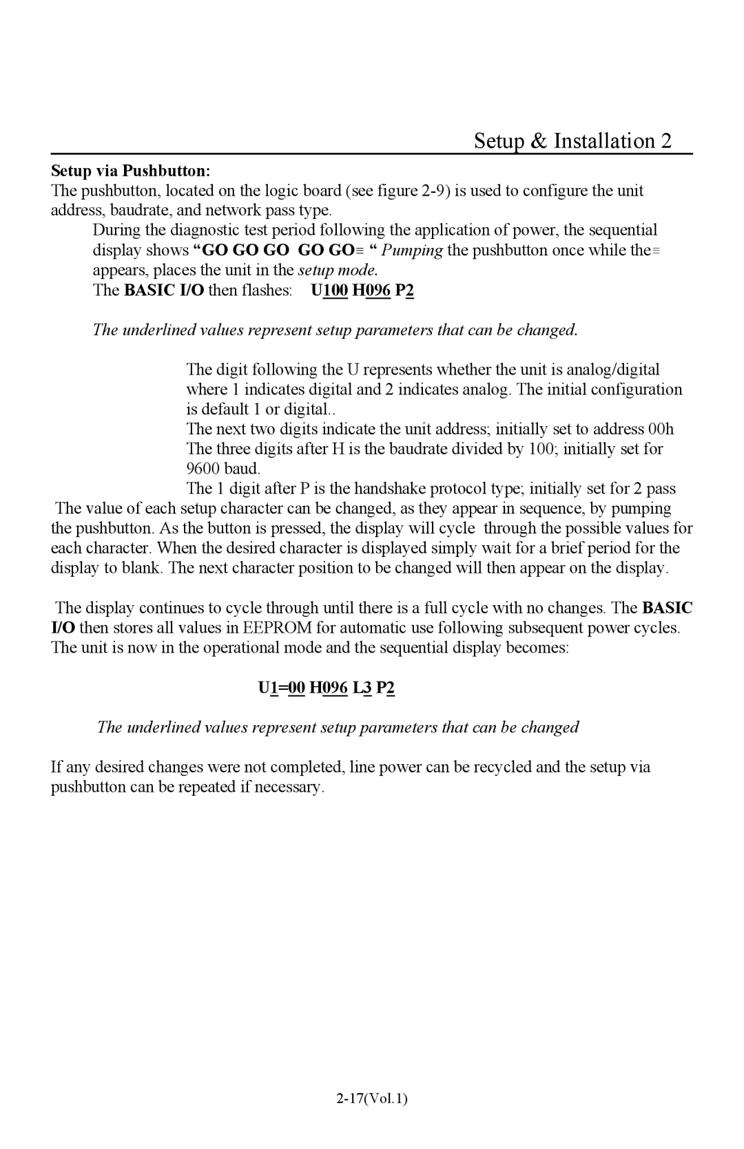 I-O Display Systems Basic I/O Product manual Setup via Pushbutton, U1=00 H096 L3 P2 