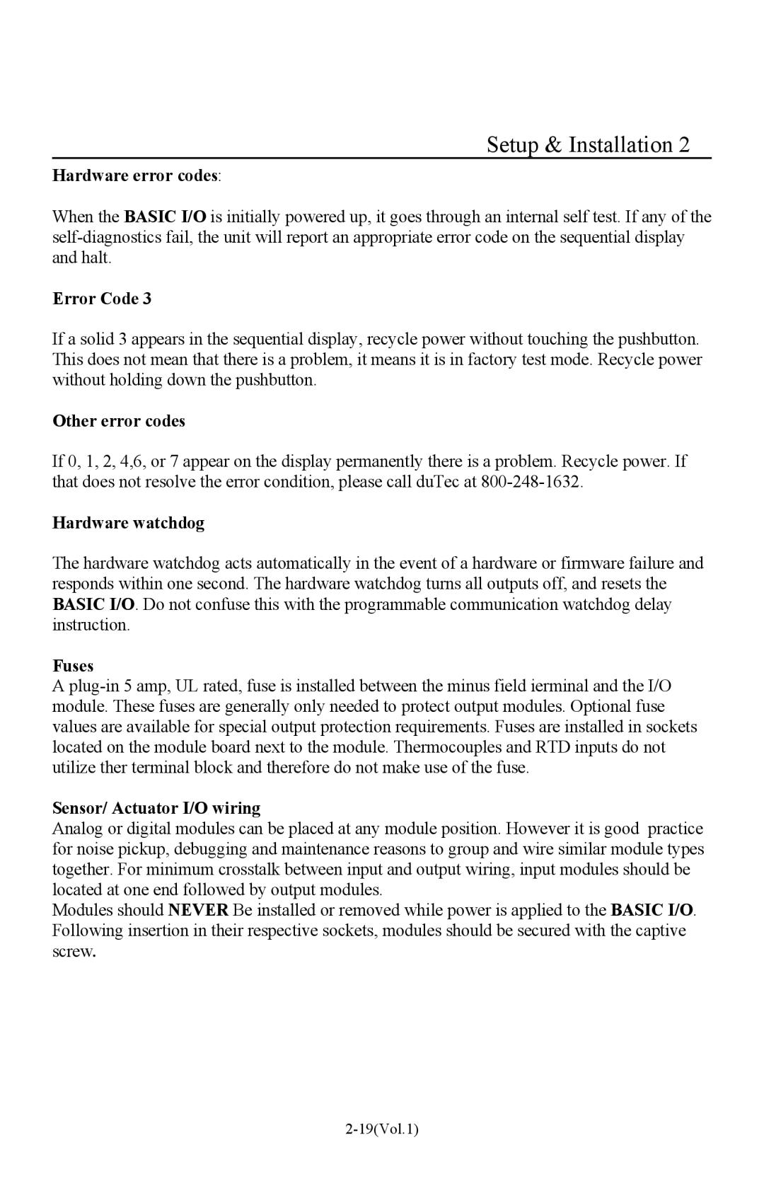 I-O Display Systems Basic I/O Product manual Hardware error codes, Error Code, Other error codes, Hardware watchdog, Fuses 