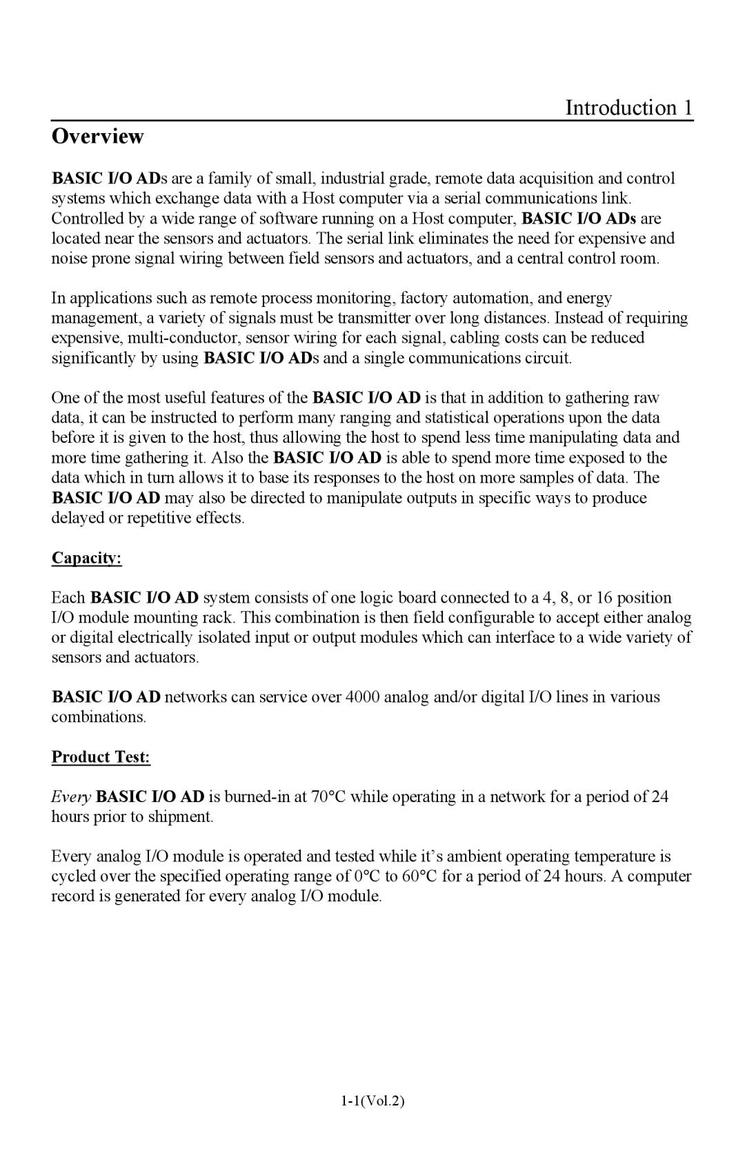 I-O Display Systems Basic I/O Product manual Introduction, Capacity, Product Test 