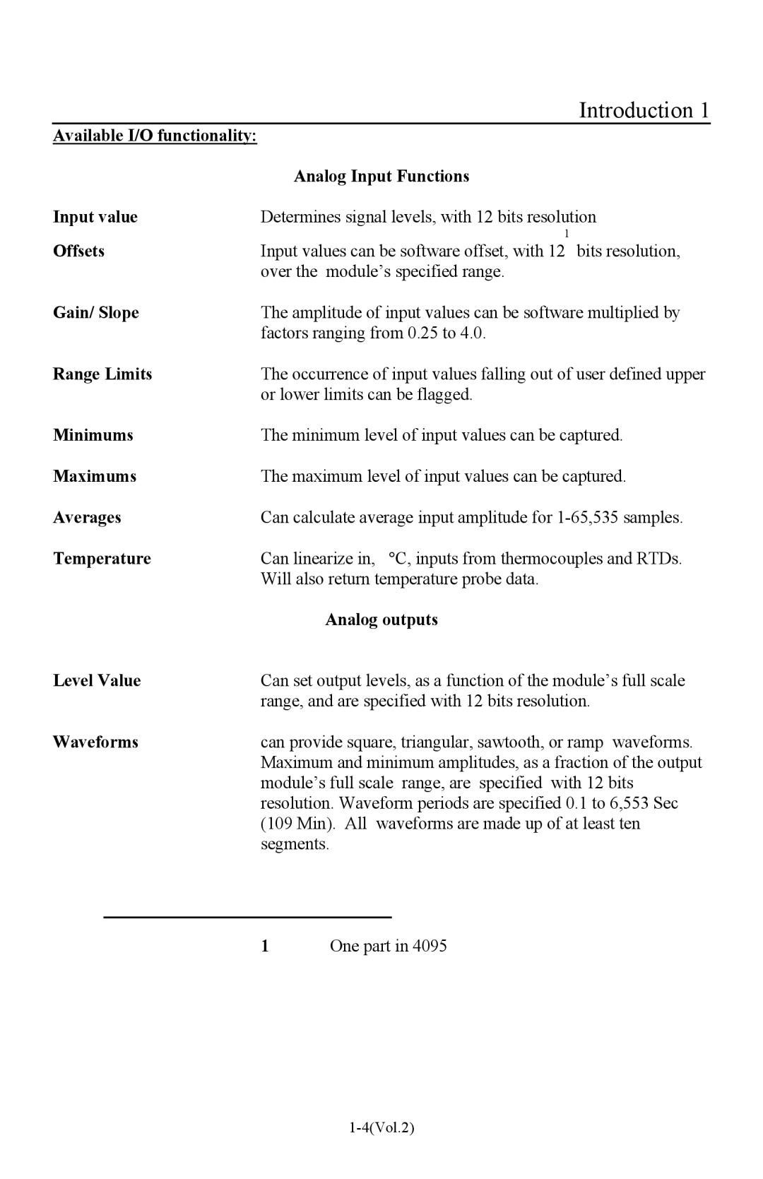 I-O Display Systems Basic I/O Product manual Offsets, Gain/ Slope, Range Limits, Minimums, Maximums, Averages, Temperature 