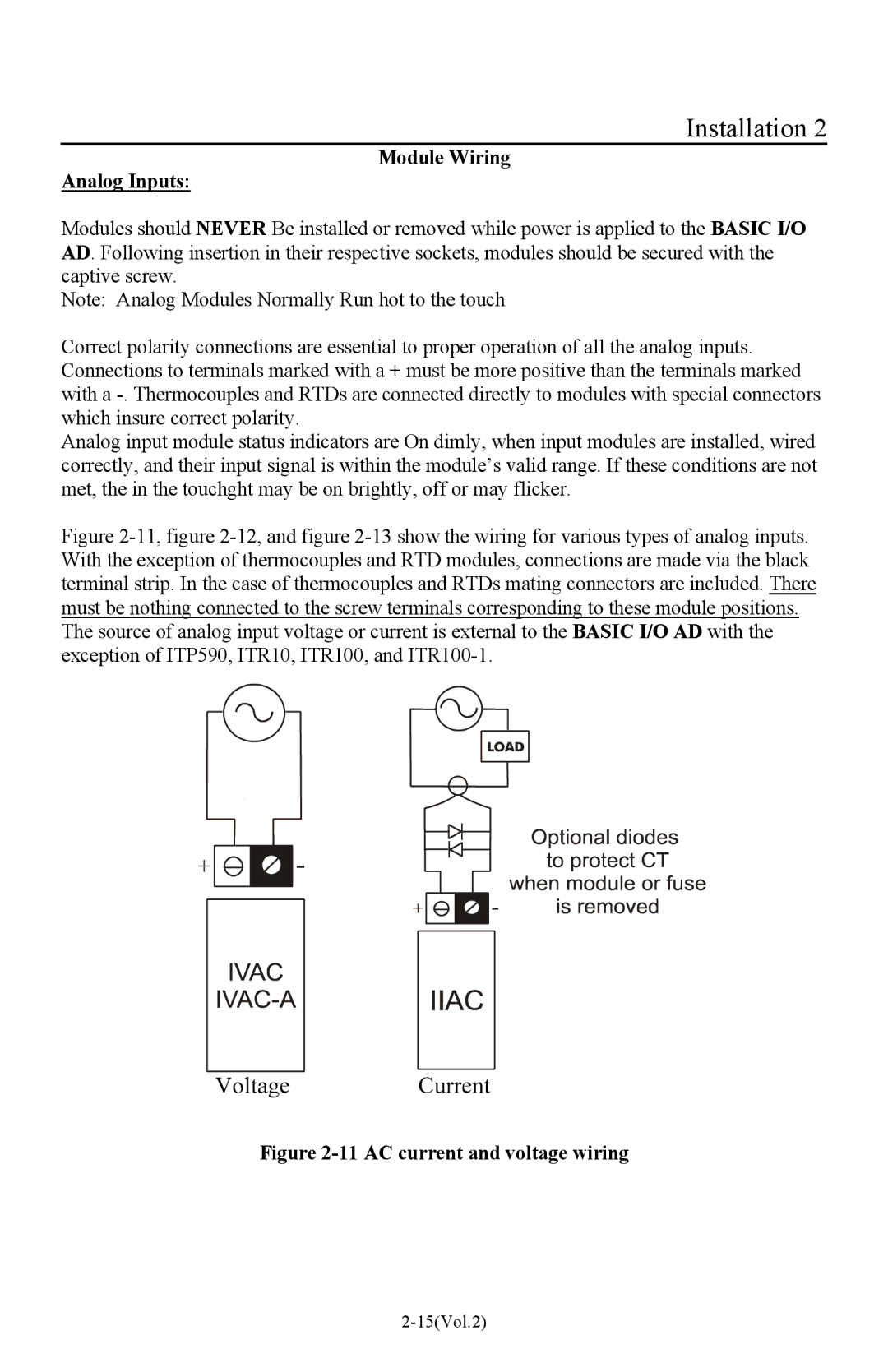 I-O Display Systems Basic I/O Product manual Module Wiring Analog Inputs, AC current and voltage wiring 