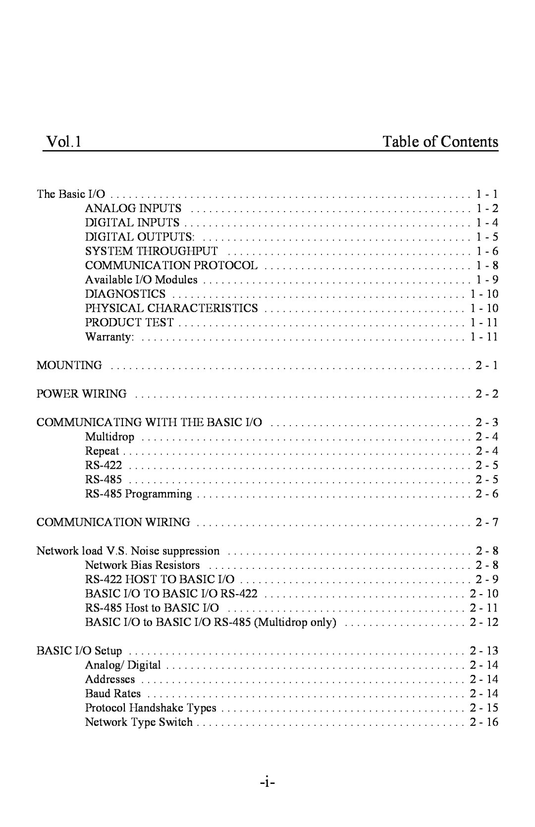 I-O Display Systems Basic I/O Product manual Vol.1, Table of Contents 