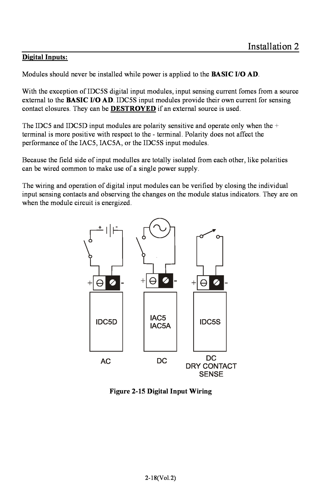 I-O Display Systems Basic I/O Product manual Installation, Digital Inputs, 15 Digital Input Wiring, 2-18Vol.2 