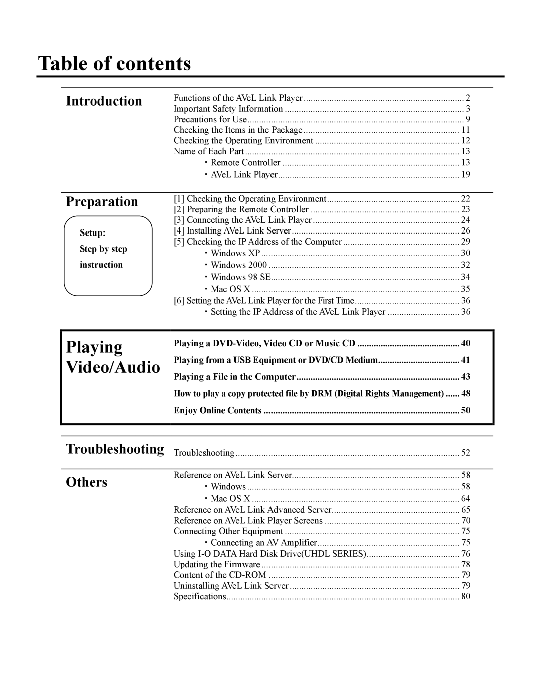 I-O Display Systems SRDVD-100U user manual Table of contents 