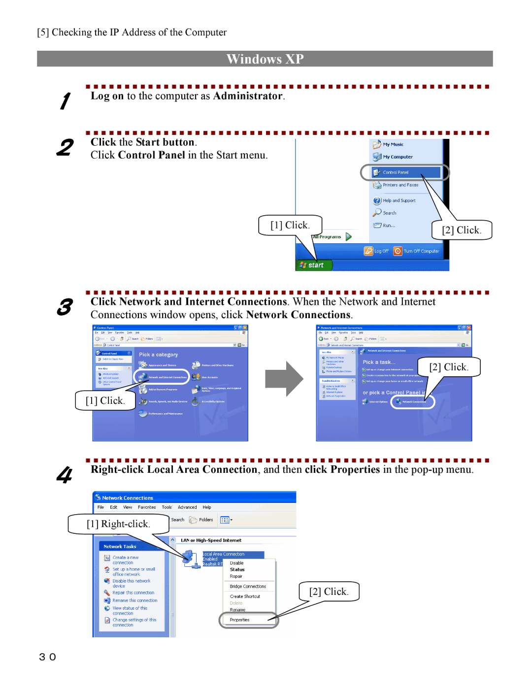 I-O Display Systems SRDVD-100U user manual Windows XP, Checking the IP Address of the Computer, Right-click Click 